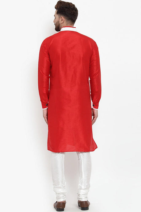 Buy Men's Silk Blend  Solid Kurta Set in Red  Online