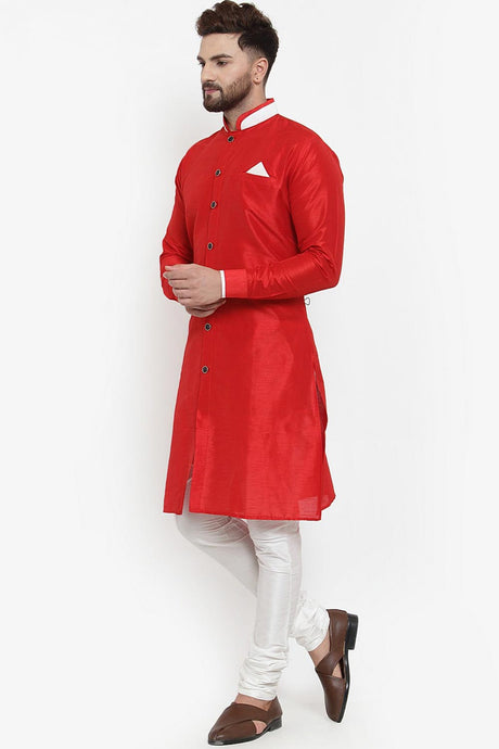 Buy Men's Silk Blend  Solid Kurta Set in Red  Online - Back