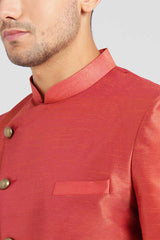 Buy Men's Silk Blend  Solid Sherwani Set in Red Online - Front