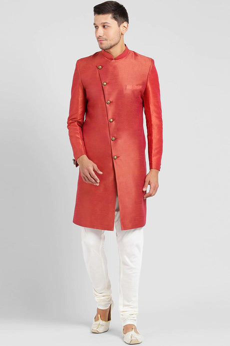 Buy Men's Silk Blend  Solid Sherwani Set in Red Online