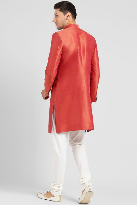 Buy Men's Silk Blend  Solid Sherwani Set in Red Online - Back