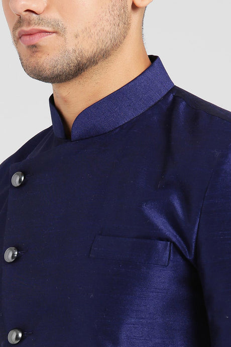 Buy Men's Silk Blend  Solid Sherwani Set in Navy Blue Online
