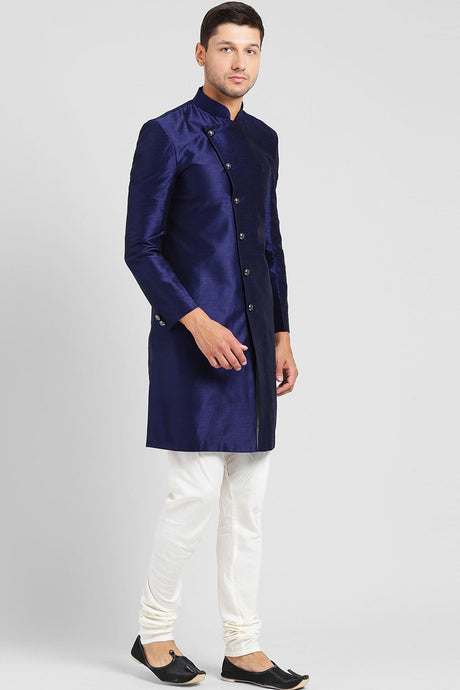 Buy Men's Silk Blend  Solid Sherwani Set in Navy Blue Online - Back