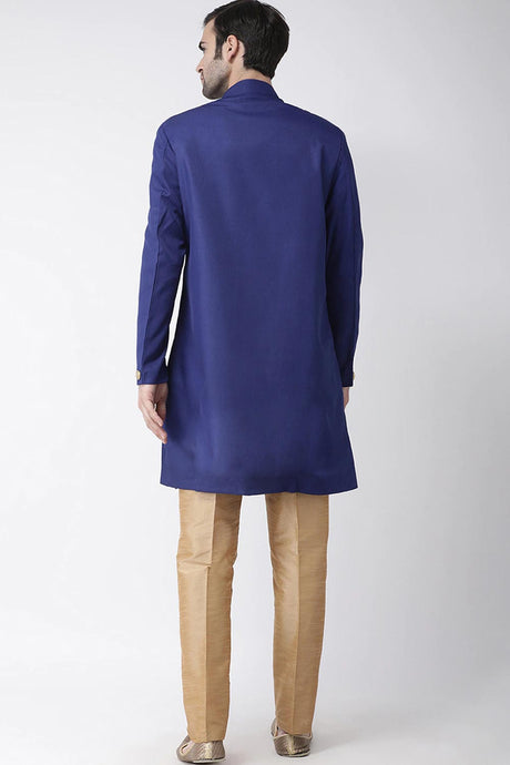Buy Men's Art Silk  Solid Sherwani Set in Blue Online - Back
