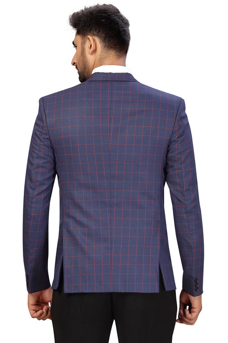 Buy Men's Checks Suiting Fabric  Checks Printed Blazer in Navy Blue  Online - Back