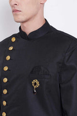 Buy Men's Art Silk  Solid Sherwani Set in Black  Online - Front