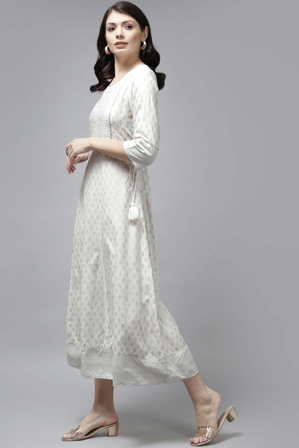 White Viscose Rayon Mirror Wotk And Bijia Lace Dress