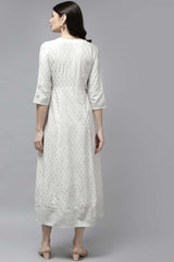 White Viscose Rayon Mirror Wotk And Bijia Lace Dress