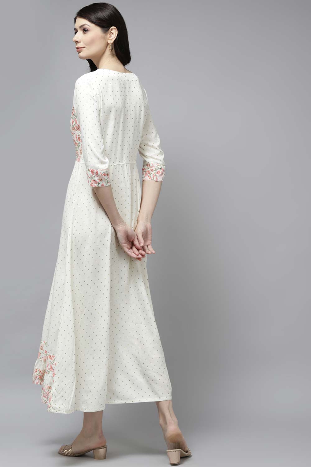 White Viscose Rayon Sequin And Printed Dress