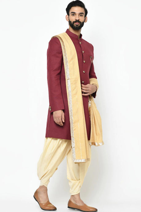 Buy Men's Art Silk  Solid Sherwani Set in Maroon  Online