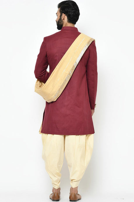 Buy Men's Art Silk  Solid Sherwani Set in Maroon  Online - Back