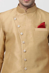 Buy Men's Silk Blend  Solid Sherwani Set in Gold Online - Side