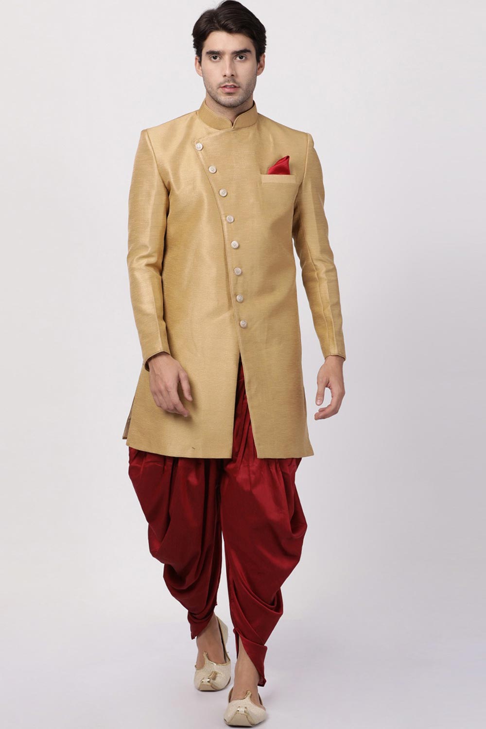 Buy Men's Silk Blend  Solid Sherwani Set in Gold Online