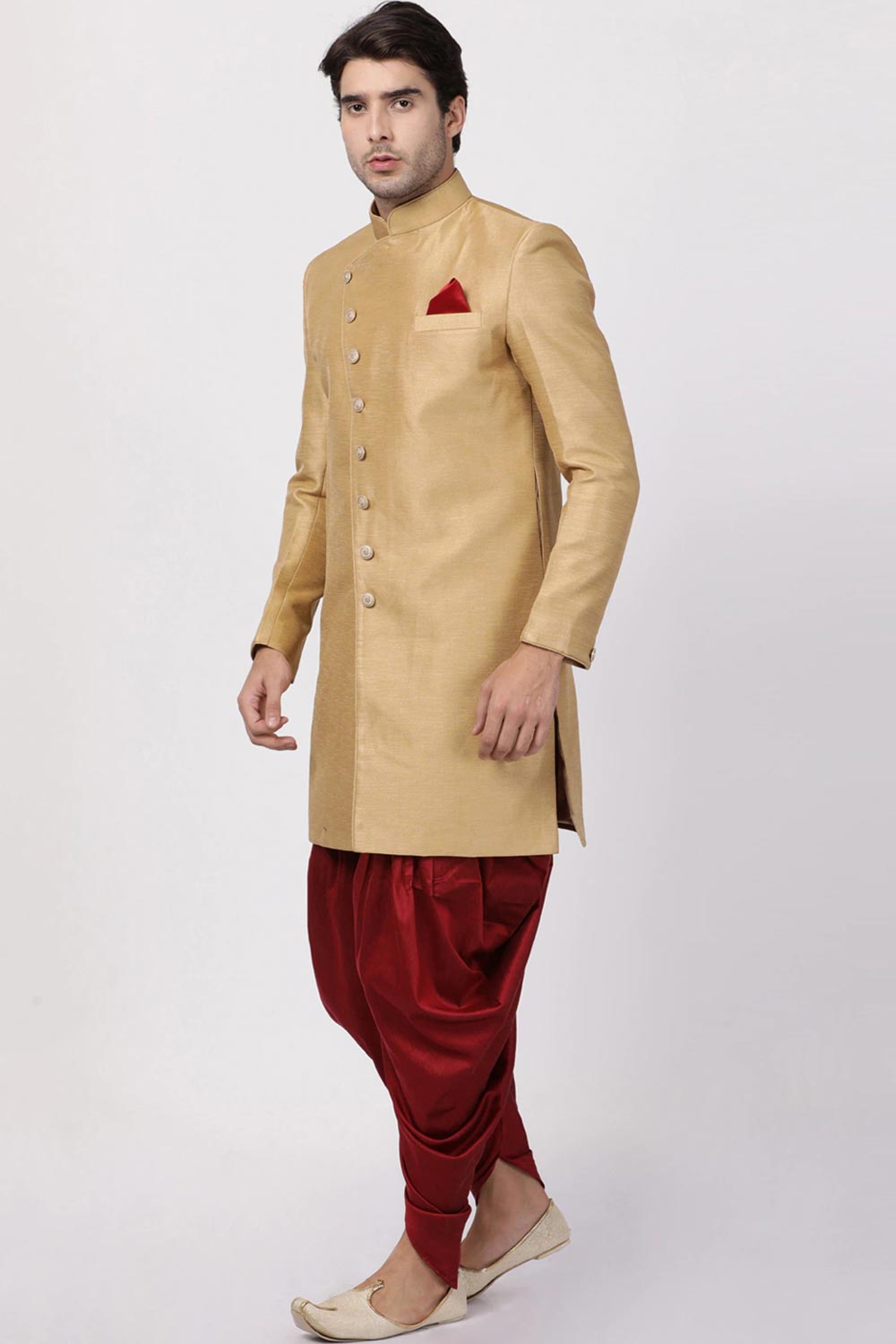 Buy Men's Silk Blend  Solid Sherwani Set in Gold Online - Back