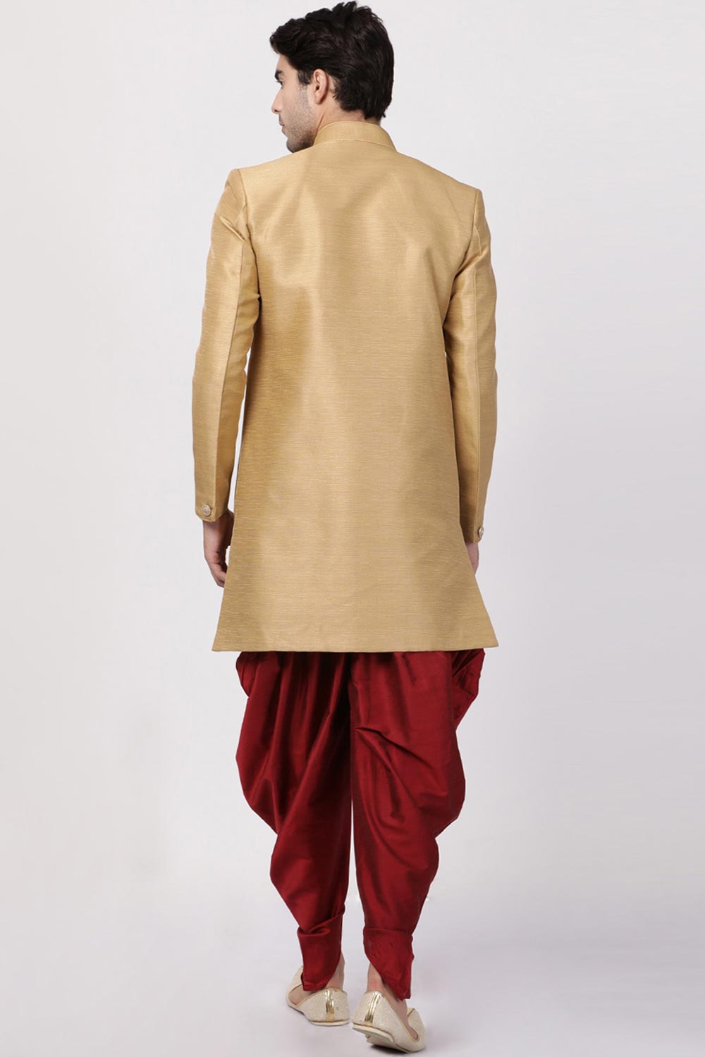 Buy Men's Silk Blend  Solid Sherwani Set in Gold Online - Front