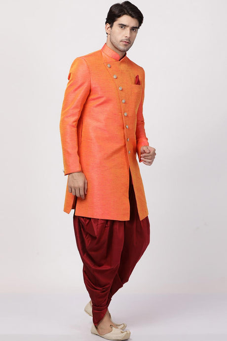 Buy Men's Silk Blend  Solid Sherwani Set in Peach  Online