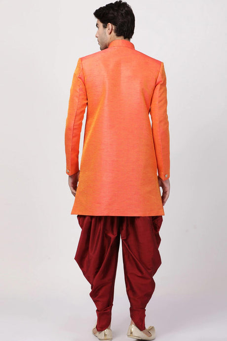 Buy Men's Silk Blend  Solid Sherwani Set in Peach  Online - Back