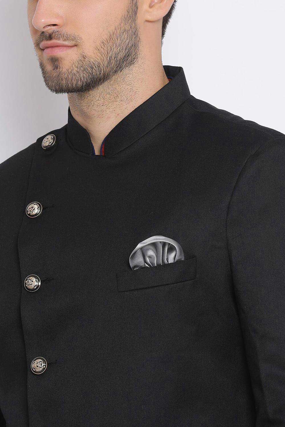 Buy Men's Art Silk  Solid Sherwani Set in Black Online - Front