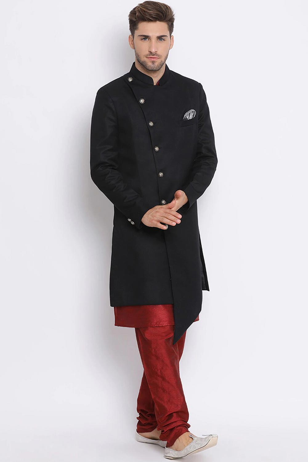 Buy Men's Art Silk  Solid Sherwani Set in Black Online