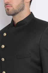 Buy Men's Art Silk  Solid Sherwani Set in Black Online - Front