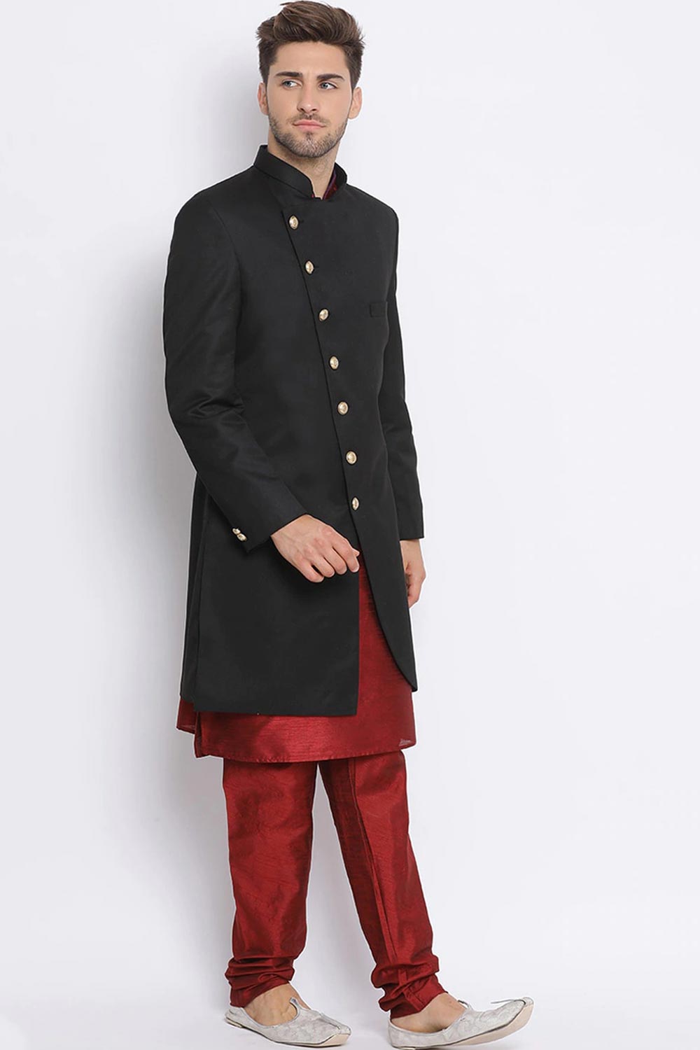 Buy Men's Art Silk  Solid Sherwani Set in Black Online