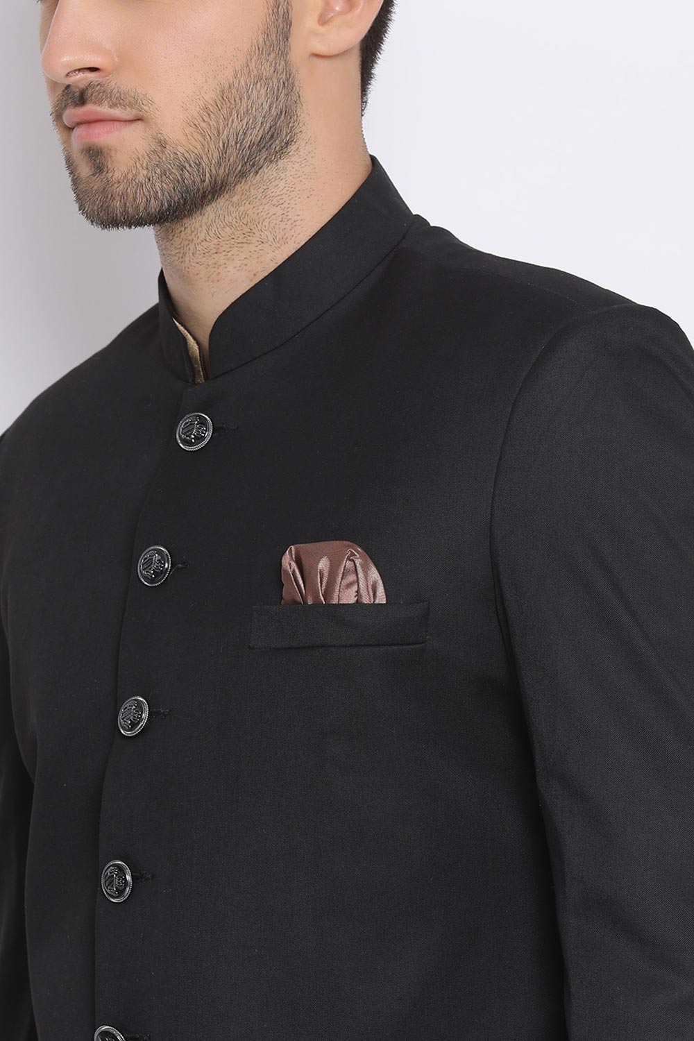 Buy Men's Art Silk  Solid Sherwani Set in Black  Online - Front