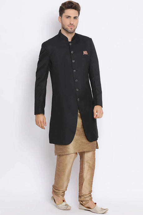 Buy Men's Art Silk  Solid Sherwani Set in Black  Online