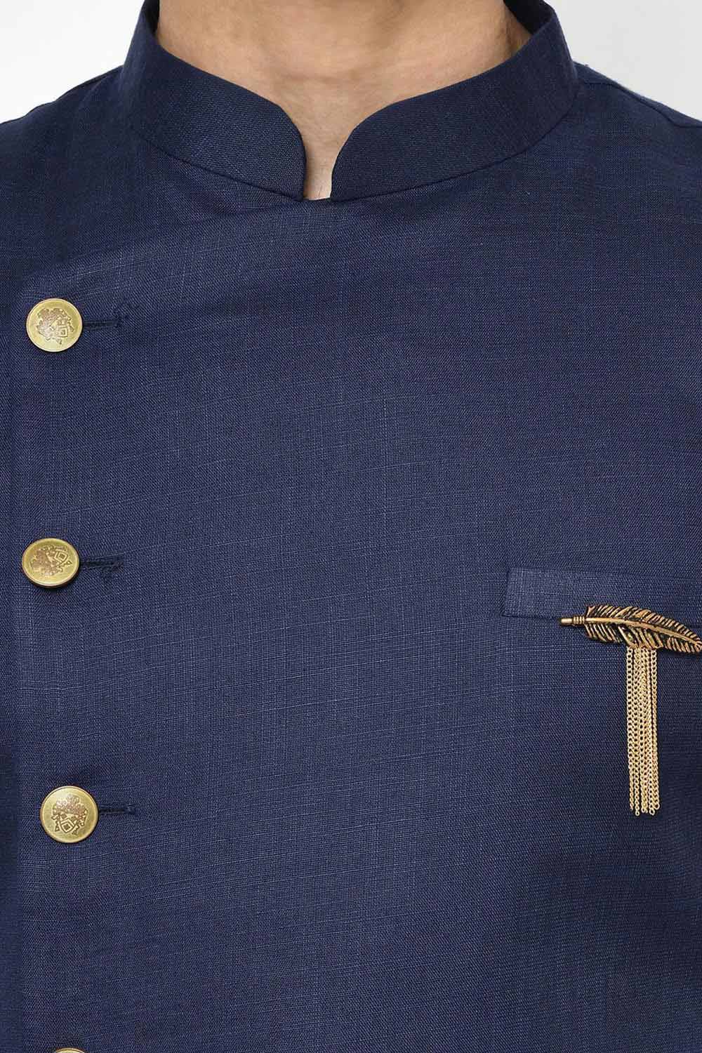 Buy Men's Art Silk  Solid Sherwani Set in Navy Blue Online - Side