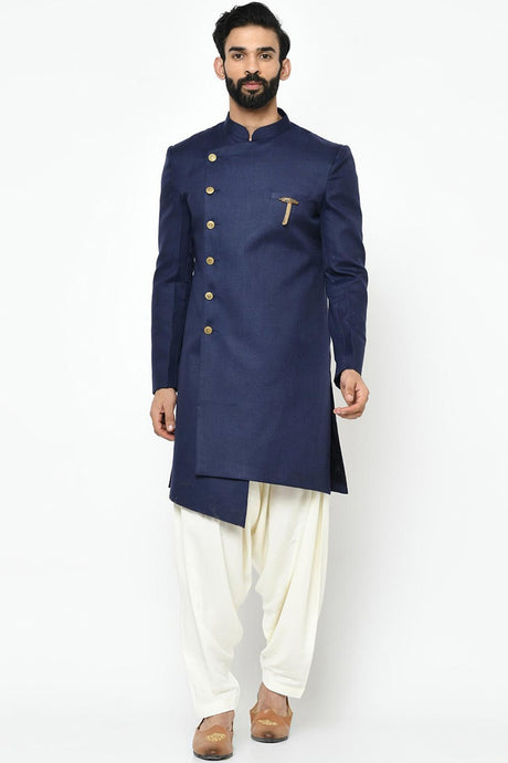 Buy Men's Art Silk  Solid Sherwani Set in Navy Blue Online