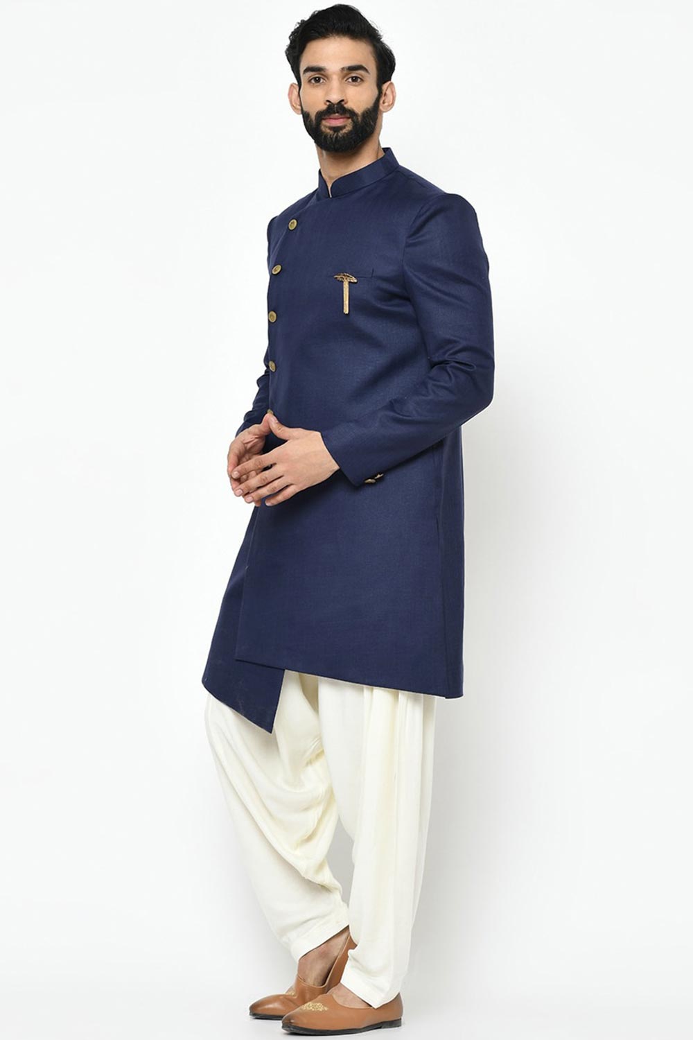 Buy Men's Art Silk  Solid Sherwani Set in Navy Blue Online - Back