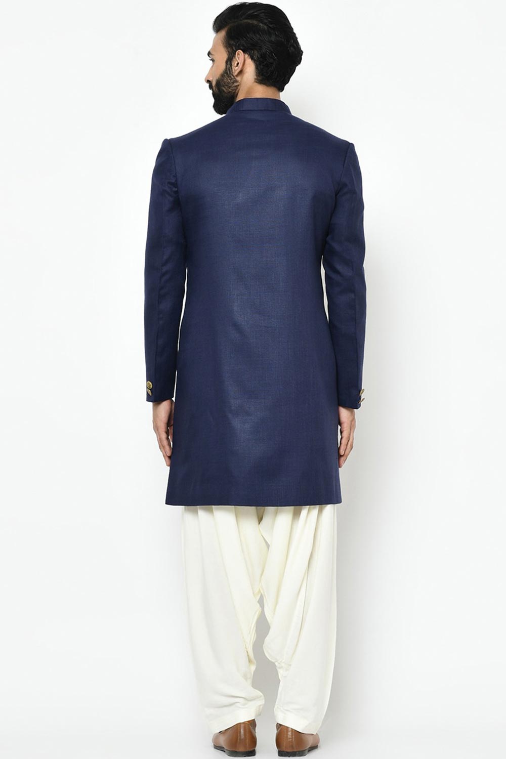 Buy Men's Art Silk  Solid Sherwani Set in Navy Blue Online - Front