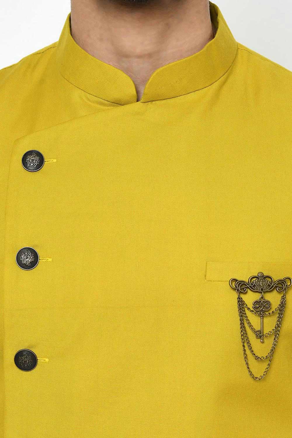 Buy Men's Art Silk  Solid Sherwani Set in Yellow  Online - Front