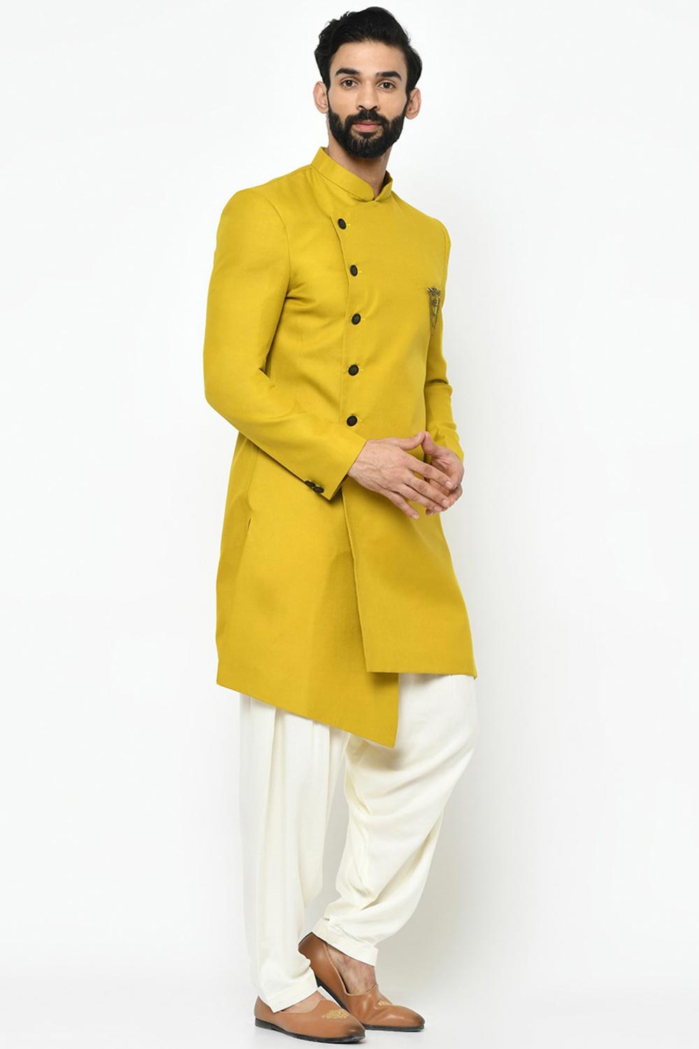 Buy Men's Art Silk  Solid Sherwani Set in Yellow  Online