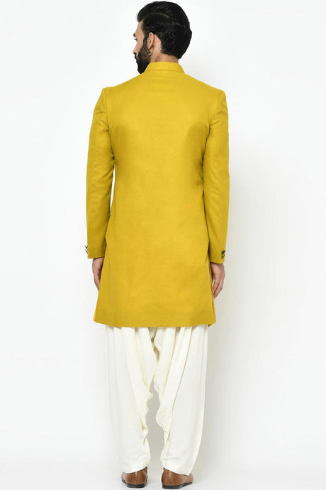 Buy Men's Art Silk  Solid Sherwani Set in Yellow  Online - Back