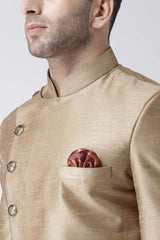 Buy Men's Silk Blend  Solid Sherwani Set in Gold Online - Side