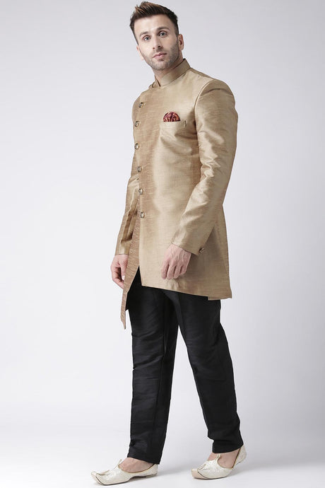 Buy Men's Silk Blend  Solid Sherwani Set in Gold Online