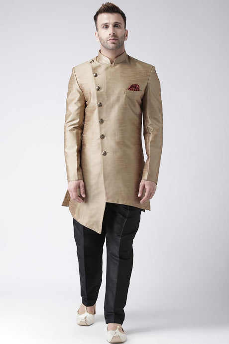 Buy Men's Silk Blend  Solid Sherwani Set in Gold Online - Back