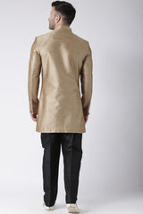 Buy Men's Silk Blend  Solid Sherwani Set in Gold Online - Front