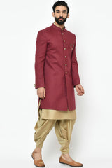 Buy Men's Art Silk  Solid Sherwani Set in Maroon  Online - Back