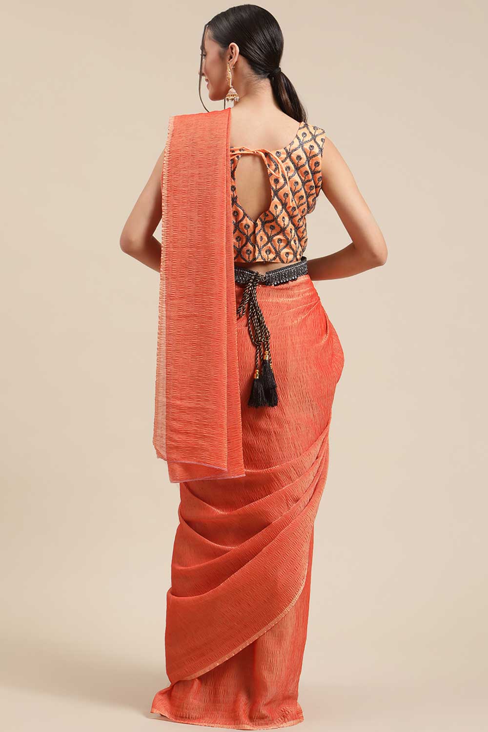 Buy Polycotton Solid Saree in Orange Online - Back