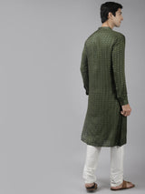 Buy Men's Green Art Silk Woven Thread Work Kurta Pajama Set Online - Back