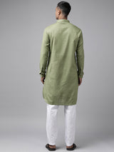 Buy Men's Olive Pure Cotton Printed Pathani Set Online - Side