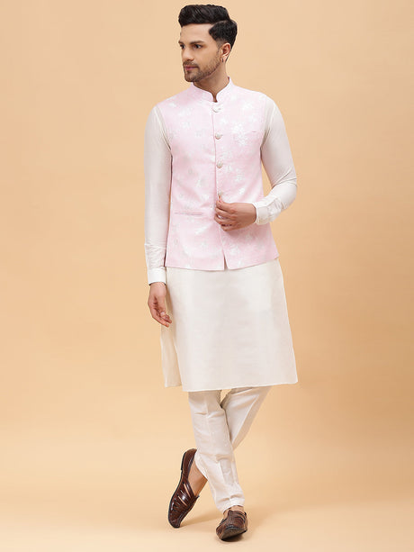 Buy Men's Pink Art Silk Jacquard Woven Design Nehru Jacket Online
