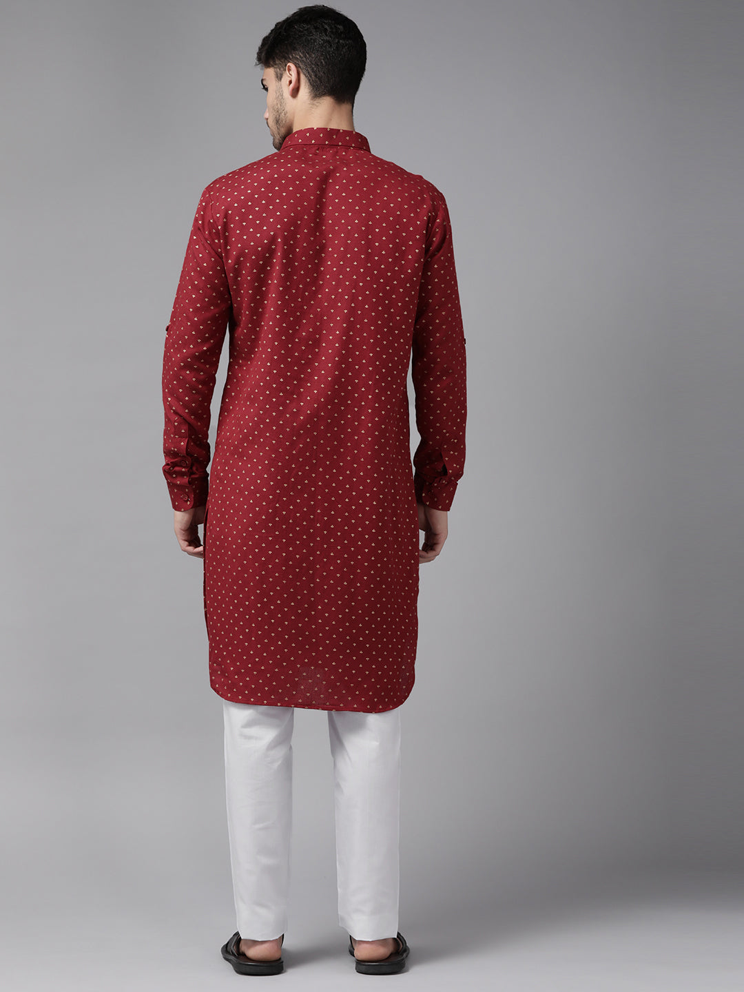 Buy Men's Maroon Pure Cotton Printed Pathani Set Online - Side