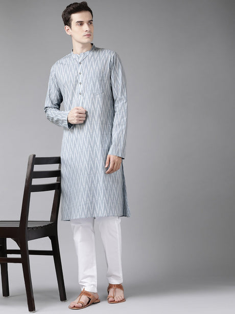 Buy Men's Grey Cotton Printed Kurta Pajama Set Online