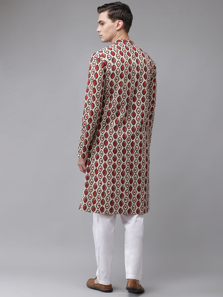 Buy Men's Beige Cotton Hand Block Print Straight Kurta Online - Back