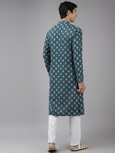 Buy Men's Teal Blue Cotton Printed Kurta Pajama Set Online - Back