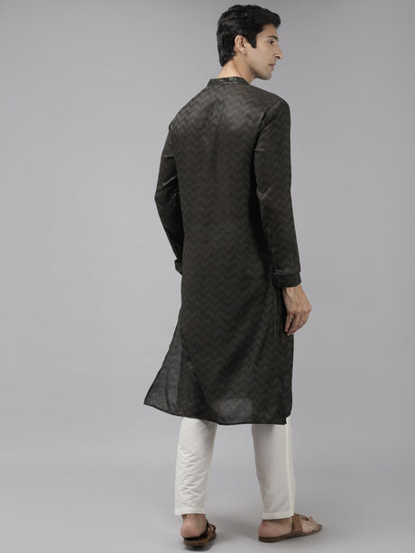Buy Men's Olive Art Silk Woven Thread Work Kurta Pajama Set Online - Back