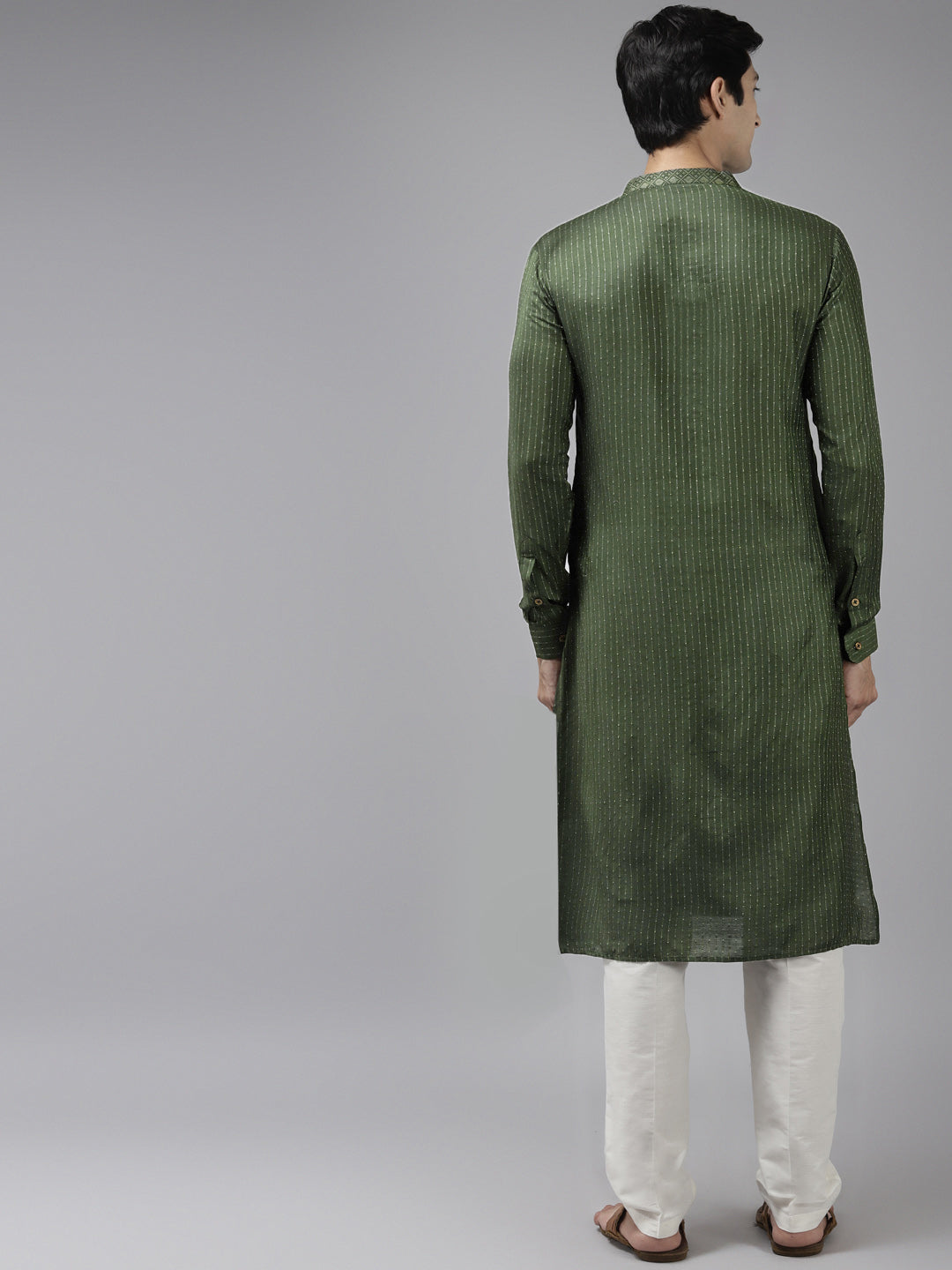 Buy Men's Green Art Silk Woven Thread Work Kurta Pajama Set Online - Back