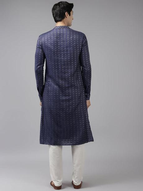 Buy Men's Blue Cotton Woven Thread Work Straight Kurta Online - Back